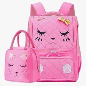 NWT Charming Pink Cat Kids Backpack and Lunch Bag Set